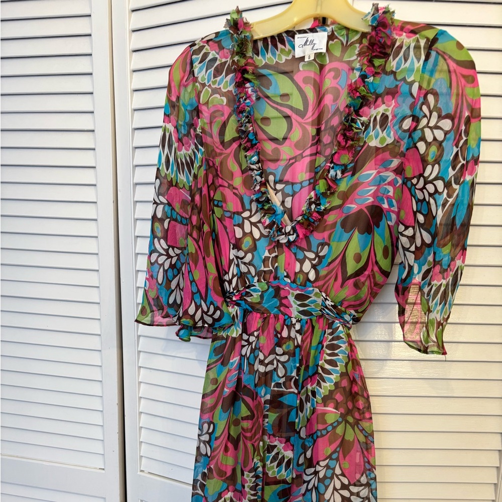 Milly Pink and Green Ruffled Wrap Sundress
